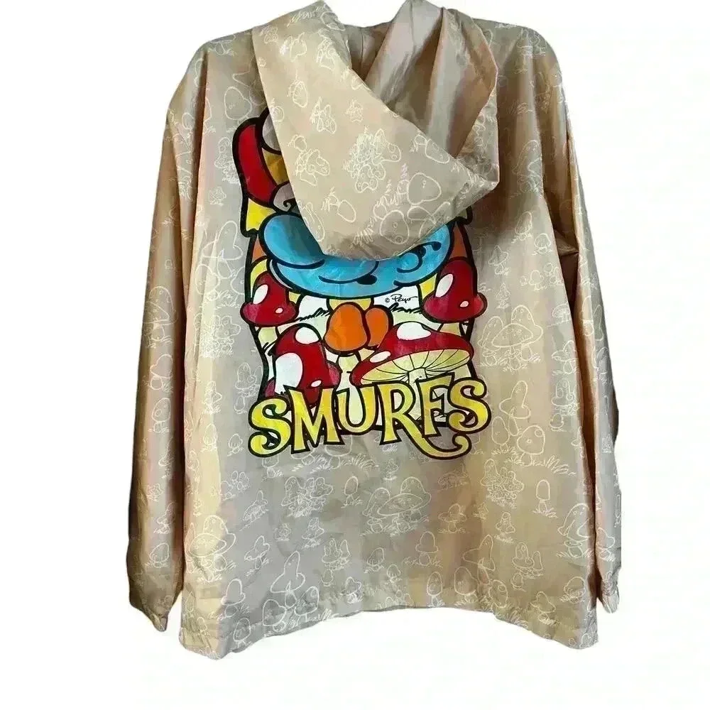 SMURFS Mushrooms Prints Lightweight Windbreaker Jacket Hood Large Womens - Picture 2 of 7